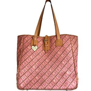 Vtg Dooney And Bourke XL Large Pink Signature Monogram Heart Leather Tote Bag